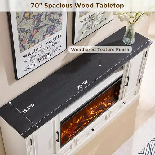 Meuble TV de cheminée haute de 35,7 po pour téléviseur de 80 po avec cheminée électrique de 36 po, meuble de divertissement de style ferme avec armoires et tiroirs