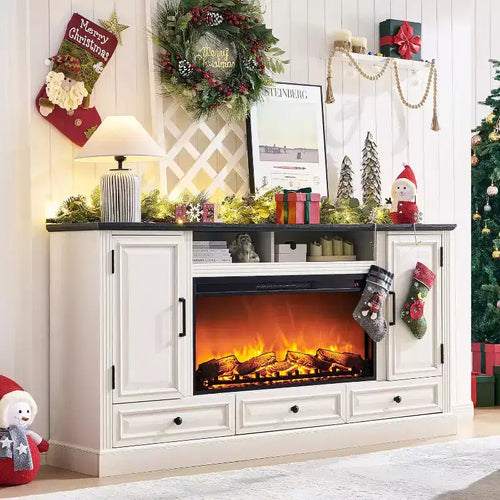 35.7 Tall Fireplace TV Stand for 80 Inch TV with 36 Electric Fireplace, Farmhouse Entertainment Center with Cabinets & Drawers