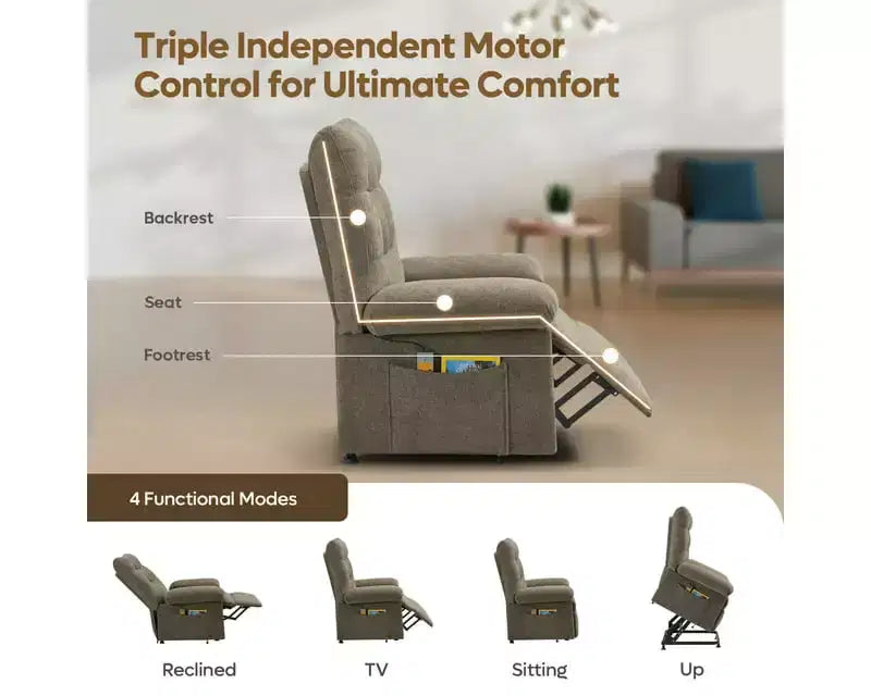 Fauteuil releveur électrique pour personnes âgées, inclinable avec triple moteur, poche latérale et rembourrage doux pour salon et chambre