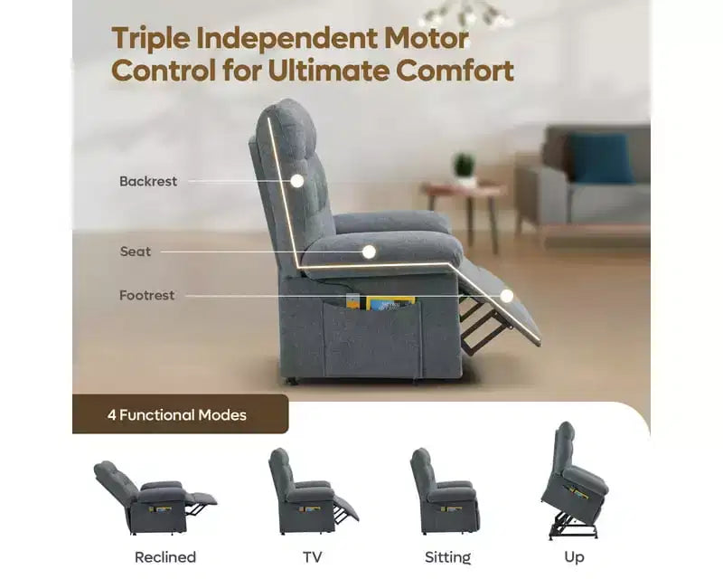 Fauteuil releveur électrique pour personnes âgées, inclinable avec triple moteur, poche latérale et rembourrage doux pour salon et chambre