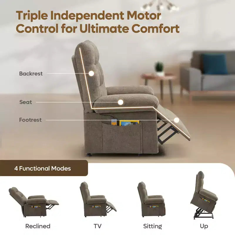 Fauteuil releveur électrique pour personnes âgées, inclinable avec triple moteur, poche latérale et rembourrage doux pour salon et chambre