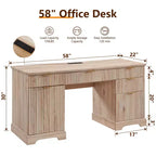 Bureau de 58 pouces, Bureau d'écriture d'ordinateur moderne rainuré, avec 5 tiroirs et 1 armoire de rangement réglable, Bureau pour étude et chambre à coucher