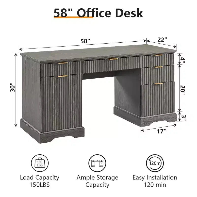 Bureau de 58 pouces, Bureau d'écriture d'ordinateur moderne rainuré, avec 5 tiroirs et 1 armoire de rangement réglable, Bureau pour étude et chambre à coucher
