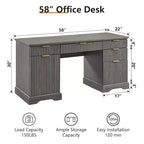 Bureau de 58 pouces, Bureau d'écriture d'ordinateur moderne rainuré, avec 5 tiroirs et 1 armoire de rangement réglable, Bureau pour étude et chambre à coucher