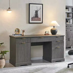 Bureau de 58 pouces, Bureau d'écriture d'ordinateur moderne rainuré, avec 5 tiroirs et 1 armoire de rangement réglable, Bureau pour étude et chambre à coucher