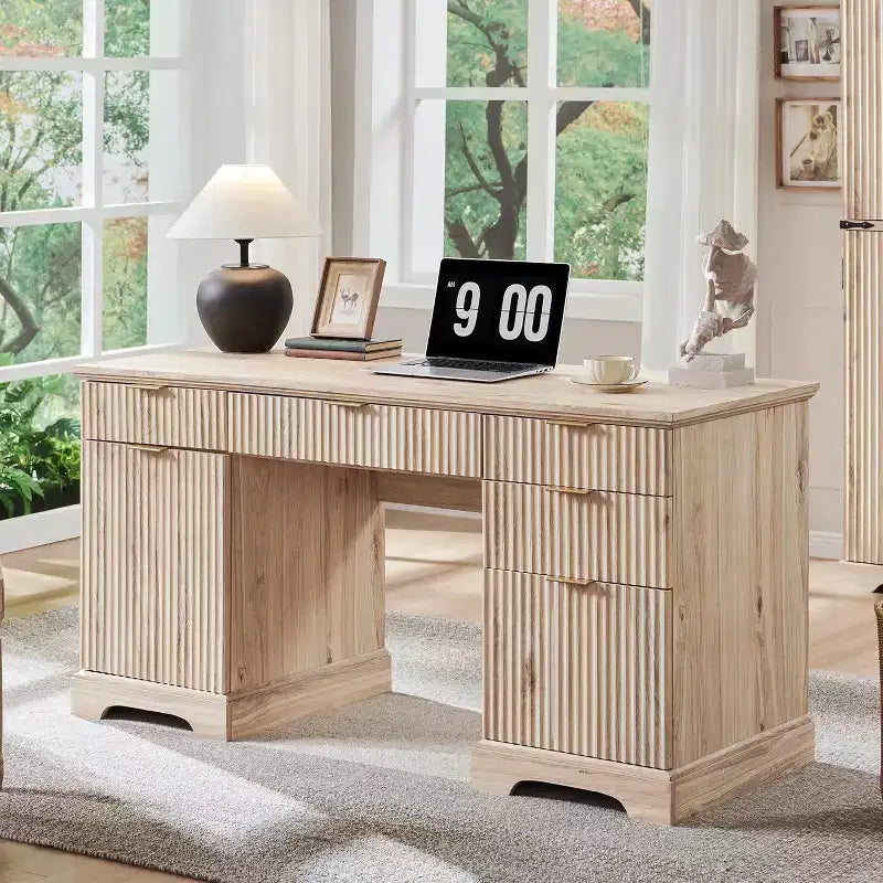 Bureau de 58 pouces, Bureau d'écriture d'ordinateur moderne rainuré, avec 5 tiroirs et 1 armoire de rangement réglable, Bureau pour étude et chambre à coucher