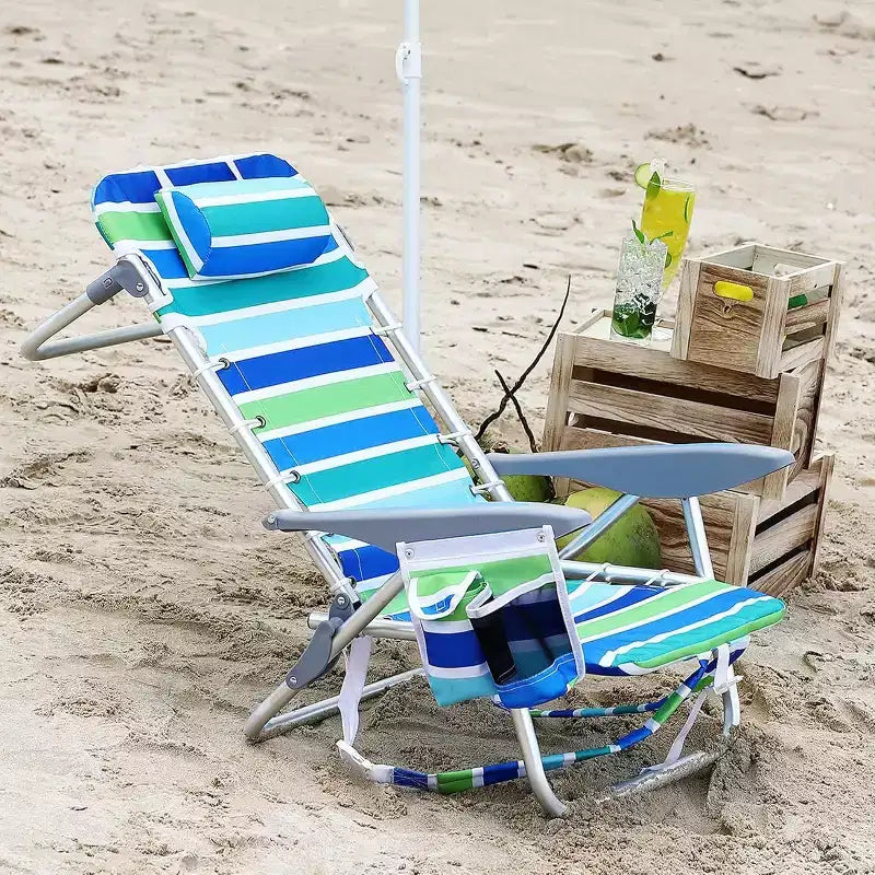 2 chaises de plage légères à dossier haut, inclinables à plat en 5 positions pour adultes avec sangles, porte-gobelet et barre porte-serviette, supporte 136 kg