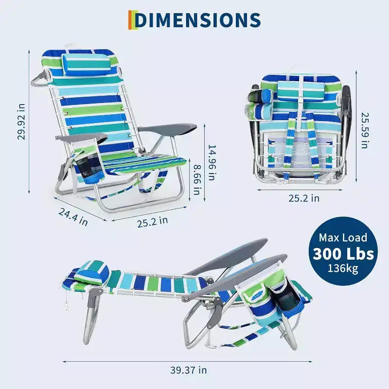 2 chaises de plage légères à dossier haut, inclinables à plat en 5 positions pour adultes avec sangles, porte-gobelet et barre porte-serviette, supporte 136 kg