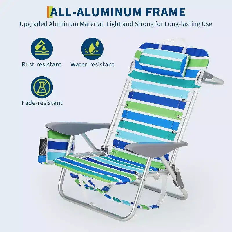 2 chaises de plage légères à dossier haut, inclinables à plat en 5 positions pour adultes avec sangles, porte-gobelet et barre porte-serviette, supporte 136 kg