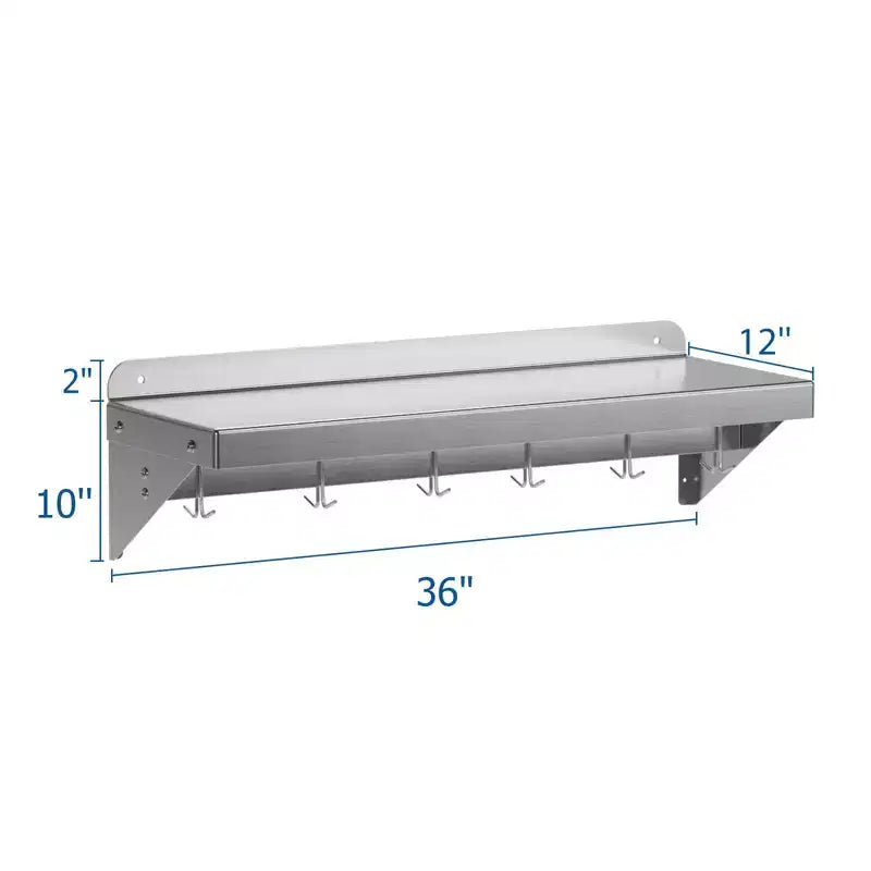 Étagère en acier inoxydable, 2 tablettes 12x36 murales avec 6 crochets - Certifiée NSF pour ustensiles de cuisine