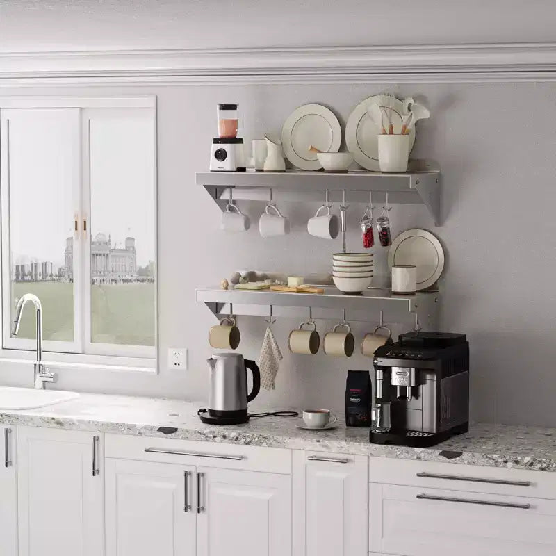 Étagère en acier inoxydable, 2 tablettes 12x36 murales avec 6 crochets - Certifiée NSF pour ustensiles de cuisine