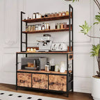Kitchen Bakers Rack with Charging Station & Drawers, Industrial Microwave Stand, Freestanding Farmhouse Coffee Bar, Utility Shelves with Hooks