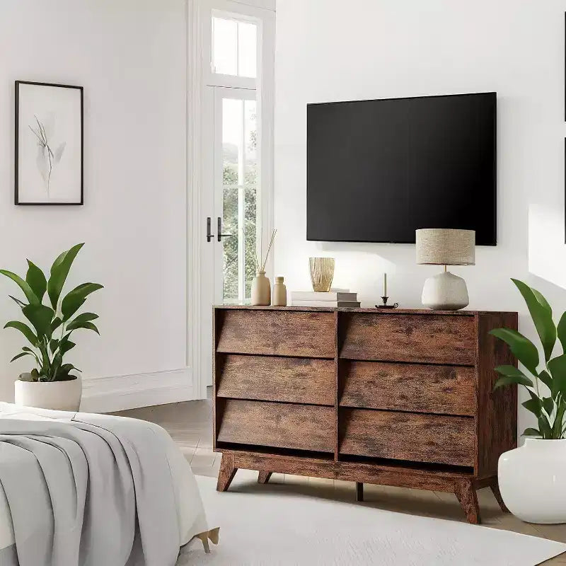 Commode à 6 tiroirs, commode vintage avec design biseauté, meuble TV moderne pour chambre à coucher, salon, entrée et couloir