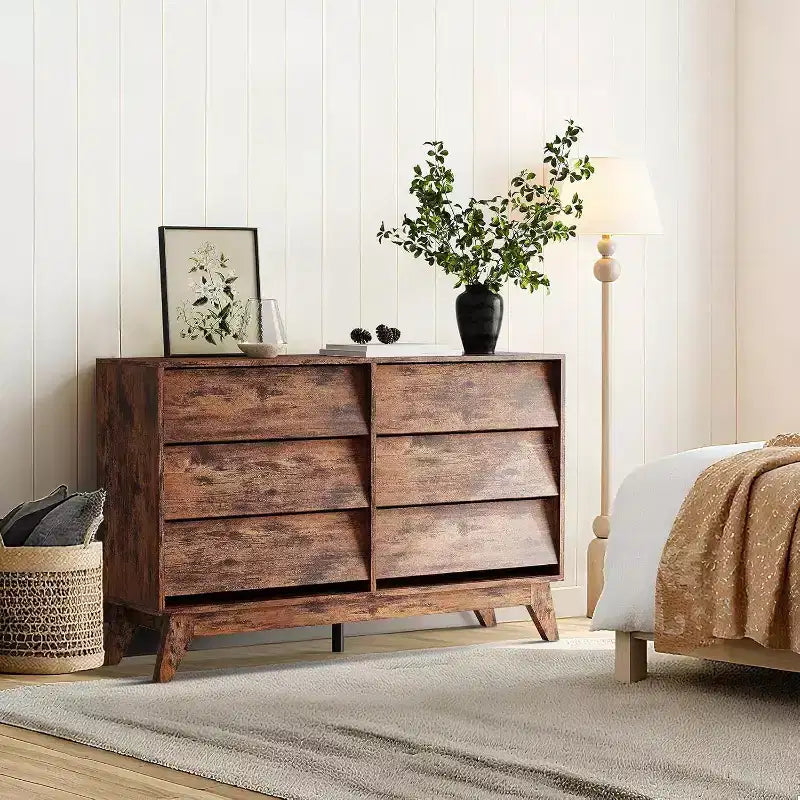 Commode à 6 tiroirs, commode vintage avec design biseauté, meuble TV moderne pour chambre à coucher, salon, entrée et couloir