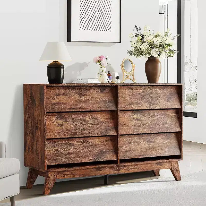 Commode à 6 tiroirs, commode vintage avec design biseauté, meuble TV moderne pour chambre à coucher, salon, entrée et couloir