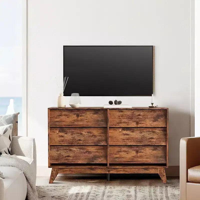 Commode à 6 tiroirs, commode vintage avec design biseauté, meuble TV moderne pour chambre à coucher, salon, entrée et couloir