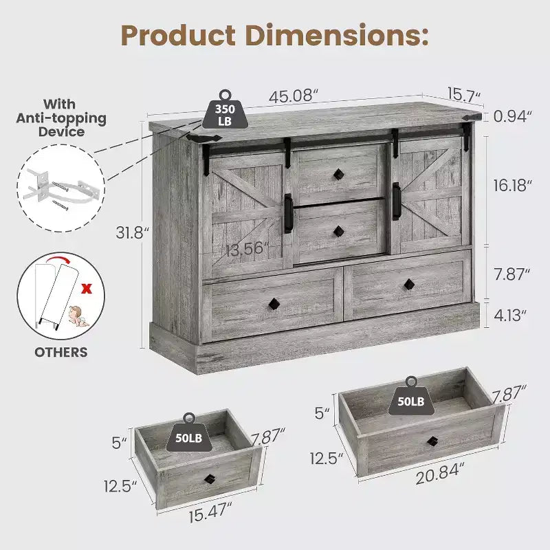 Buffet avec tiroirs, grand buffet de rangement avec étagères et portes, meuble de bar à café de style fermier pour cuisine, salle à manger