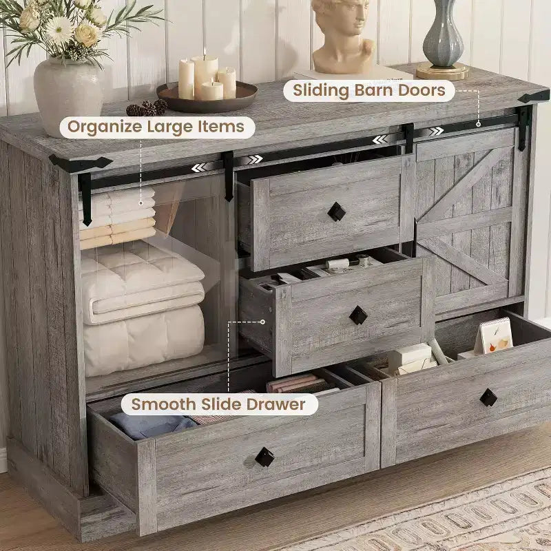 Buffet avec tiroirs, grand buffet de rangement avec étagères et portes, meuble de bar à café de style fermier pour cuisine, salle à manger