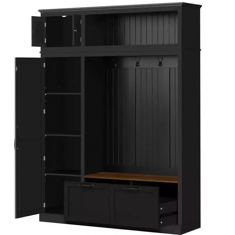 Meuble d'entrée 3-en-1 avec banc, portemanteau avec placard de rangement, tiroirs et crochets, organisateur d'entrée multifonctionnel -