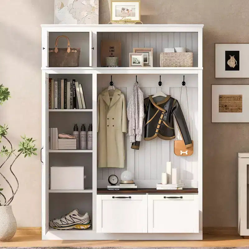 Meuble d'entrée 3-en-1 avec banc, portemanteau avec placard de rangement, tiroirs et crochets, organisateur d'entrée multifonctionnel -