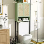 Meuble de rangement au-dessus des toilettes, organisateur de salle de bain vert sauge au-dessus des toilettes avec portes en rotin arquées, étagère autoportante peu encombrante