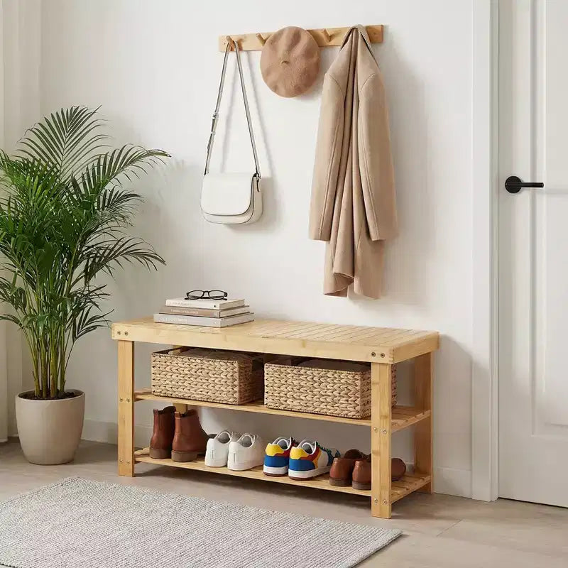 Banc de rangement à chaussures à 3 niveaux en bambou pour entrée - Organisateur de chaussures robuste avec une capacité de 130 kg