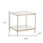 22 table d'appoint carrée en verre transparent et doré et fer avec étagère