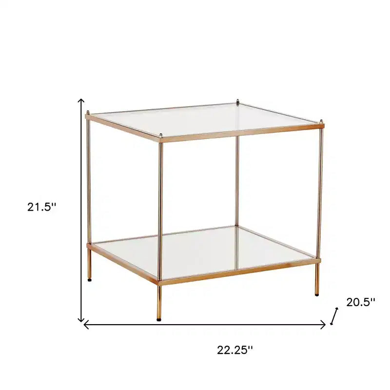 22 table d'appoint carrée en verre transparent et doré et fer avec étagère