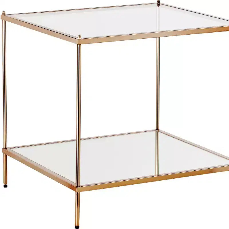 22 table d'appoint carrée en verre transparent et doré et fer avec étagère