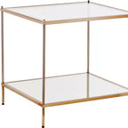 22 table d'appoint carrée en verre transparent et doré et fer avec étagère