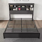 Metal Platform Bed Frame with Bookcase Headboard, USB & Charging Station, Underbed Storage, No Box Spring Needed