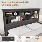 Cadre de lit plateforme en métal avec tête de lit bibliothèque, ports USB et station de recharge, rangement sous le lit, sommier tapissier non nécessaire