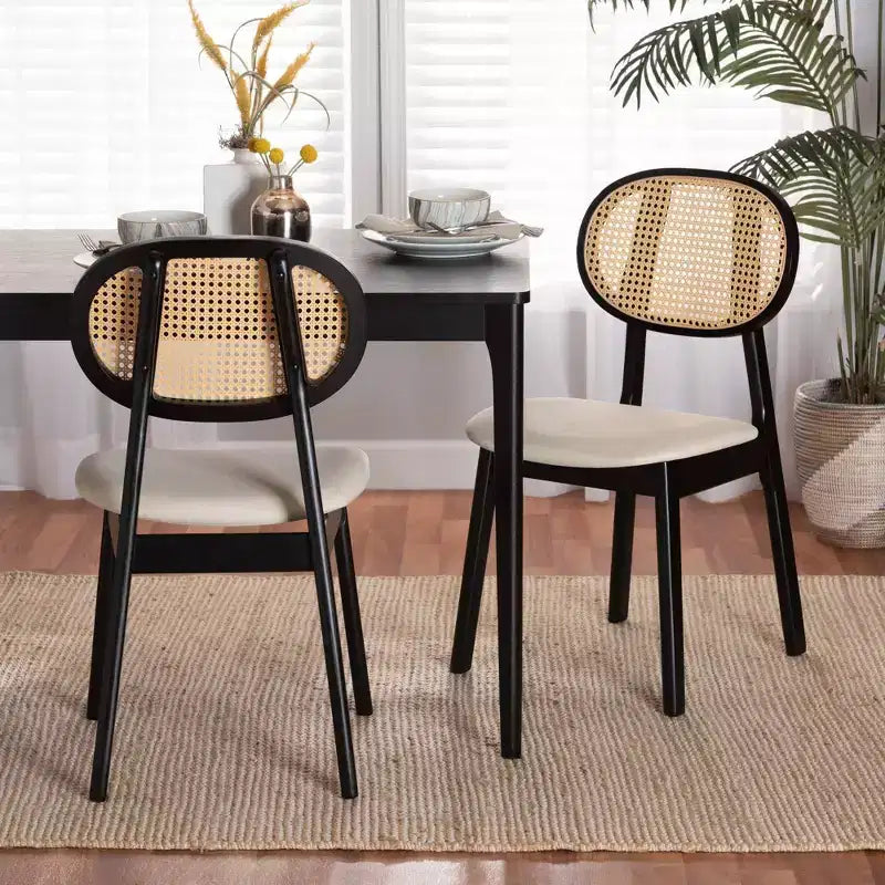 2 chaises de salle à manger Darrion en tissu et bois Crème/Noir/Marron clair : Revêtement en polyester, Structure en bois d'hévéa