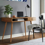 Bureau Parker Mid-Century avec tiroir acacia marron clair : plateau en MDF, pieds en bois massif, mobilier de bureau à domicile
