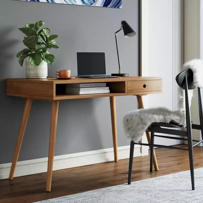 Bureau Parker Mid-Century avec tiroir acacia marron clair : plateau en MDF, pieds en bois massif, mobilier de bureau à domicile