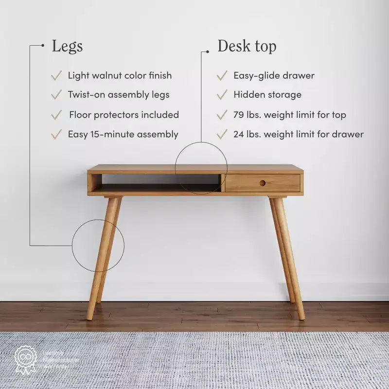 Bureau Parker Mid-Century avec tiroir acacia marron clair : plateau en MDF, pieds en bois massif, mobilier de bureau à domicile