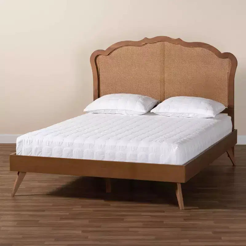 Lit plateforme Aithan Queen en bois et rotin, noyer brun