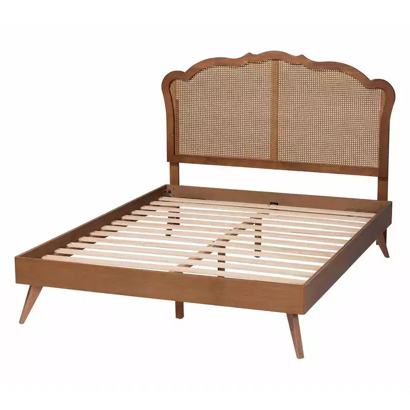 Lit plateforme Aithan Queen en bois et rotin, noyer brun