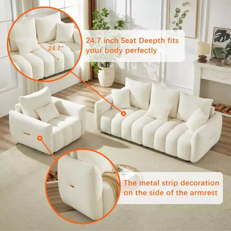 Canapé 3 places en tissu Teddy avec 3 coussins de dossier