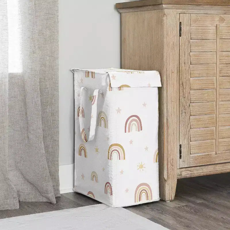 Panier à linge pliable pour fille avec poignées, motif arc-en-ciel bohème rose, jaune et beige