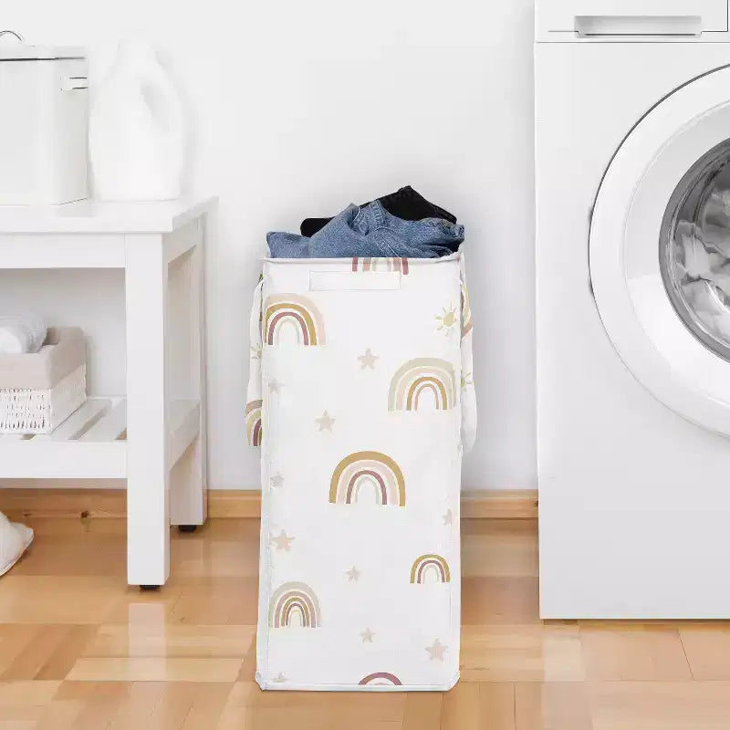 Panier à linge pliable pour fille avec poignées, motif arc-en-ciel bohème rose, jaune et beige