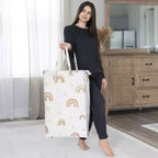 Panier à linge pliable pour fille avec poignées, motif arc-en-ciel bohème rose, jaune et beige