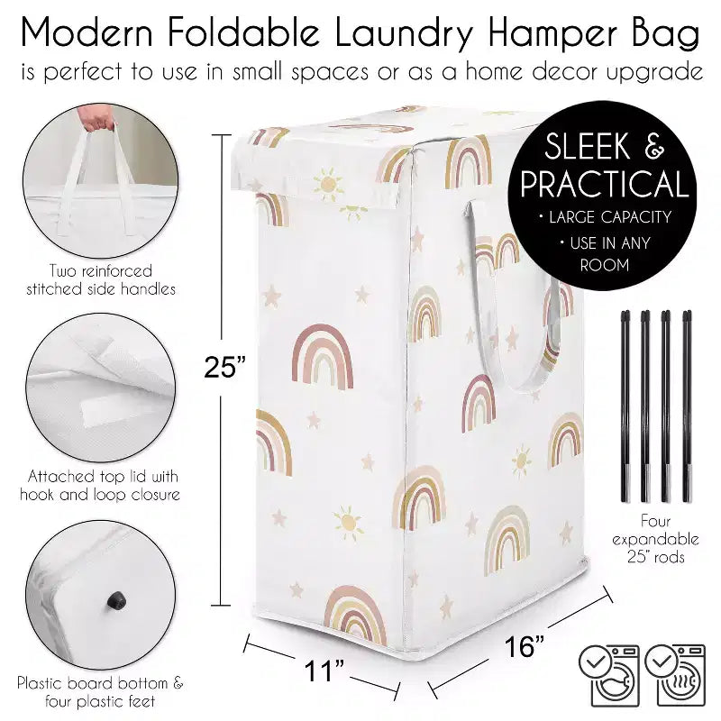 Panier à linge pliable pour fille avec poignées, motif arc-en-ciel bohème rose, jaune et beige