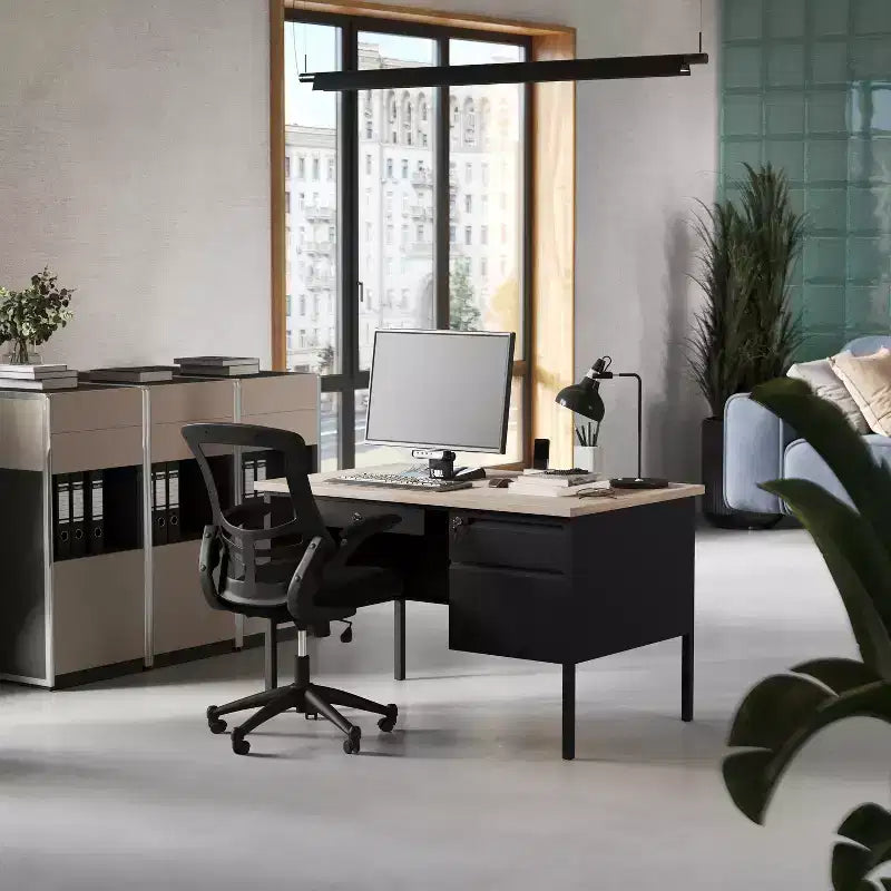 Bureau Cambridge de qualité commerciale à piédestal simple avec tiroirs verrouillables et cadre en métal