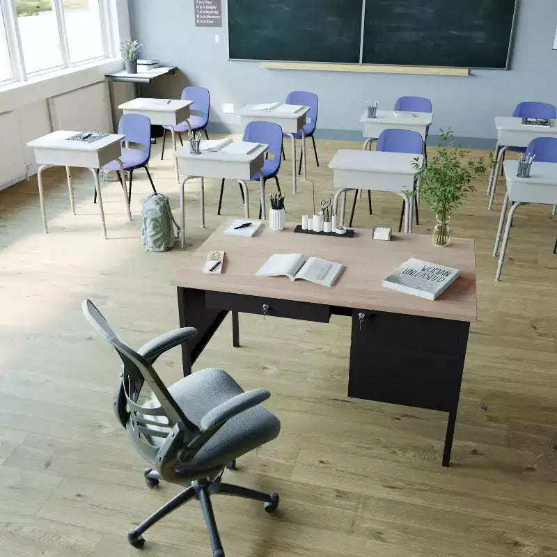 Bureau Cambridge de qualité commerciale à piédestal simple avec tiroirs verrouillables et cadre en métal
