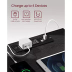 Table de chevet avec station de recharge, table d'appoint avec 3 tiroirs, 2 prises secteur, 2 ports USB, façades de tiroirs biseautées
