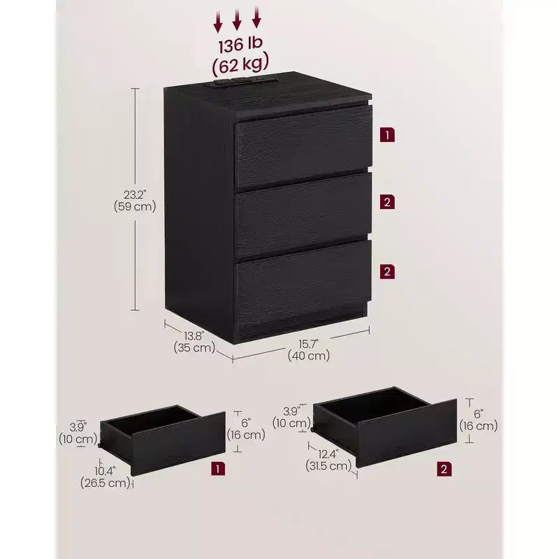 Table de chevet avec station de recharge, table d'appoint avec 3 tiroirs, 2 prises secteur, 2 ports USB, façades de tiroirs biseautées