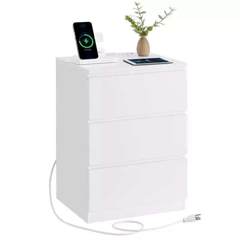 Table de chevet avec station de recharge, table d'appoint avec 3 tiroirs, 2 prises secteur, 2 ports USB, façades de tiroirs biseautées
