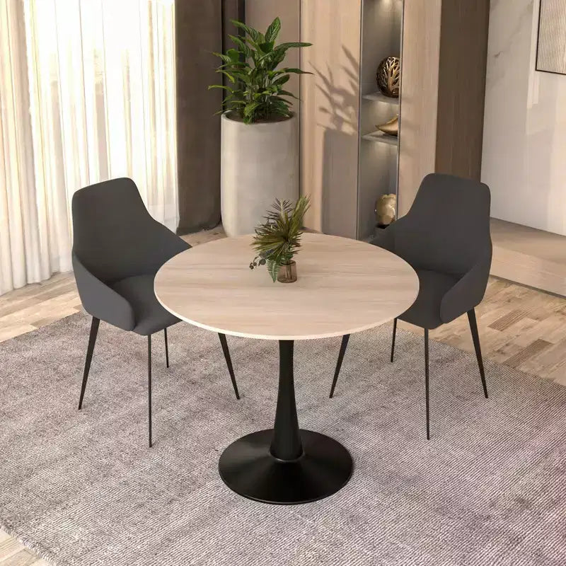 Table à manger ronde Bristol 35 avec plateau en pierre frittée et pied central en acier noir robuste pour cuisine et petits espaces