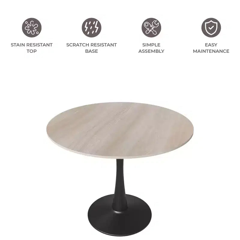 Table à manger ronde Bristol 35 avec plateau en pierre frittée et pied central en acier noir robuste pour cuisine et petits espaces